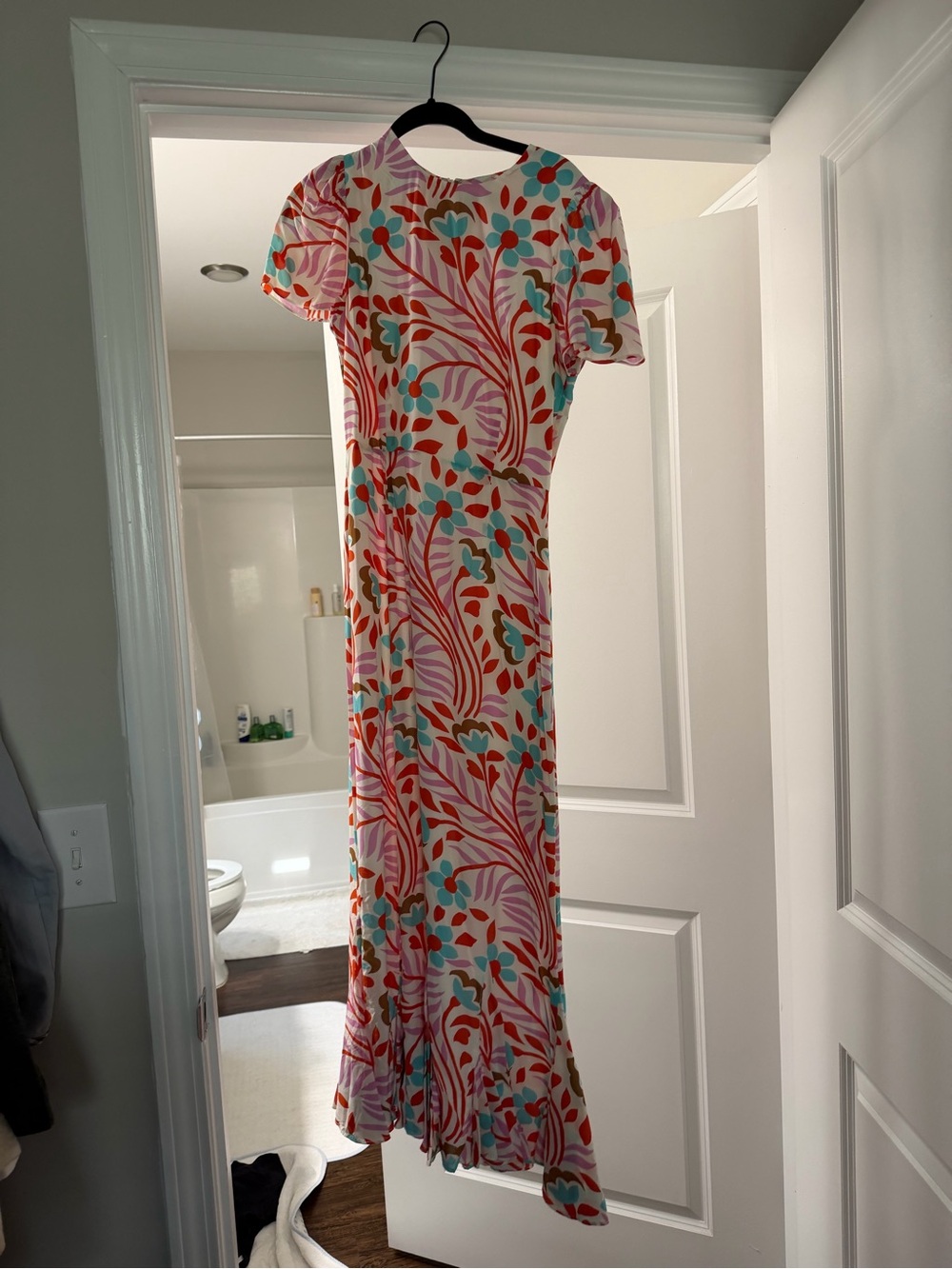 RHODE Pink Maxi Dress with Red & Turquoise Floral Print
